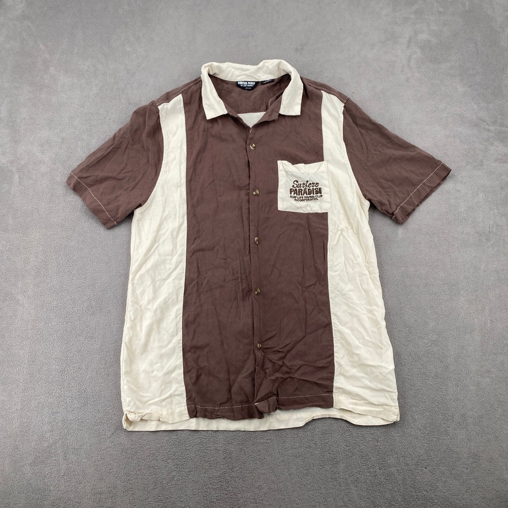 Cotton On Surfers Paradise Brown Cream Colorblock Bowling Shirt Mens Large